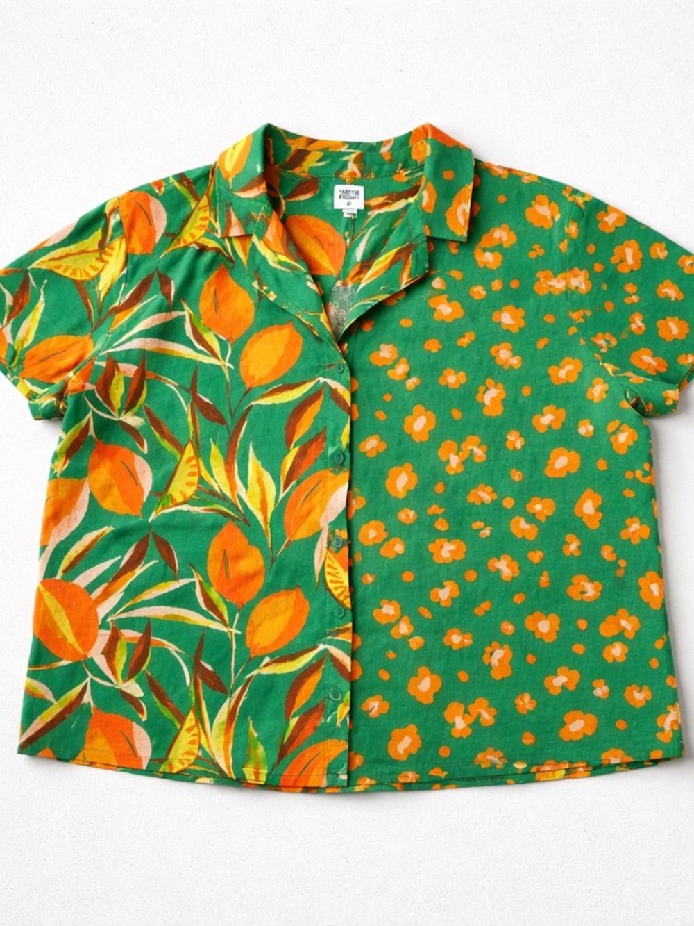 Woman’s Green and Orange Patchwork Floral Button-Down Linen Shirt - Picture 1 of 10
